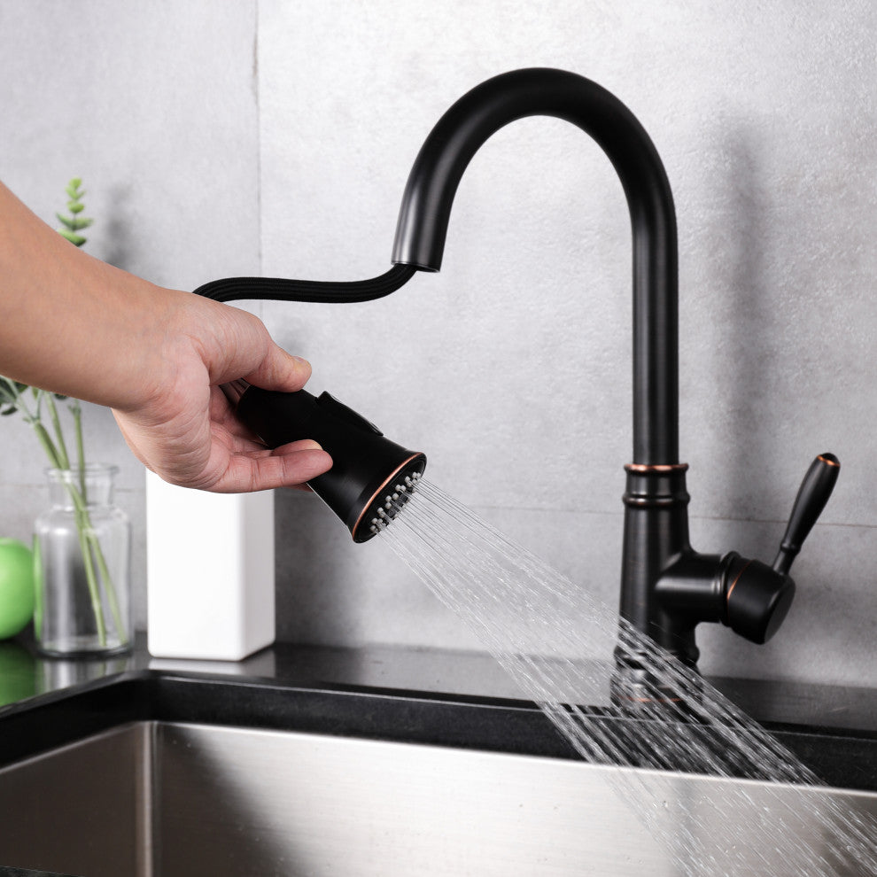 Single Handle High Arc Pull Out Kitchen Faucet in Oil Rubbed Bronze Finish