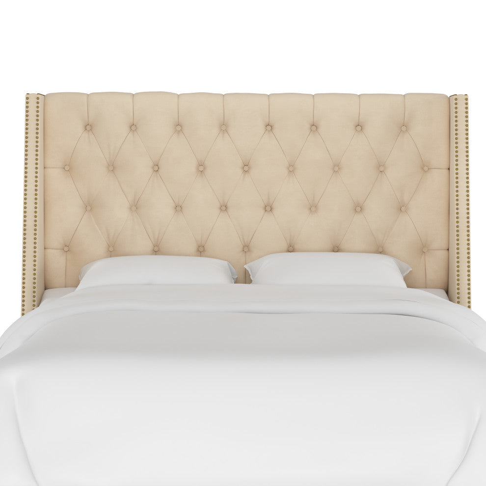 Williams Queen Nail Button Tufted Wingback Headboard, Velvet Pearl