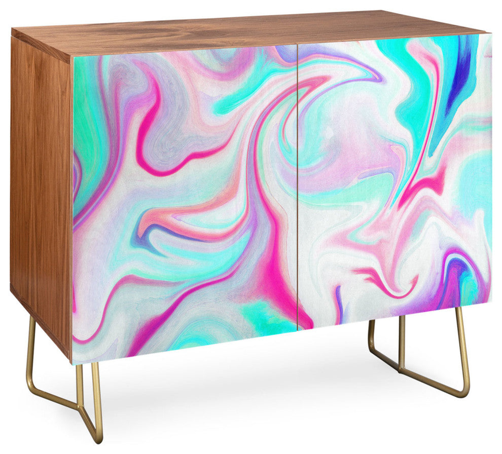 Deny Designs Liquid 3 Credenza, Walnut, Gold Steel Legs
