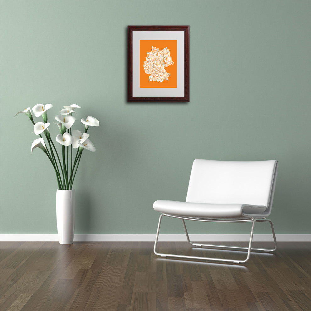 'Germany Regions Map - Orange' Matted Framed Canvas Art by Michael Tompsett