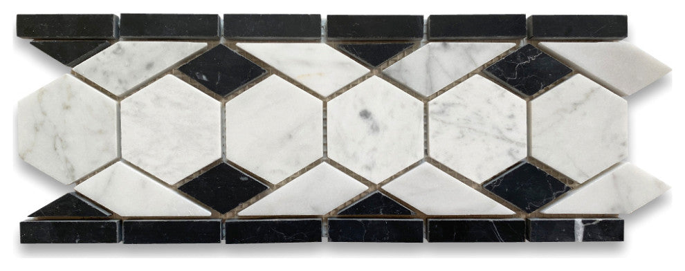 Carrara White Marble Hexagon Mosaic Border Listello Tile Honed 2", 1 sheet