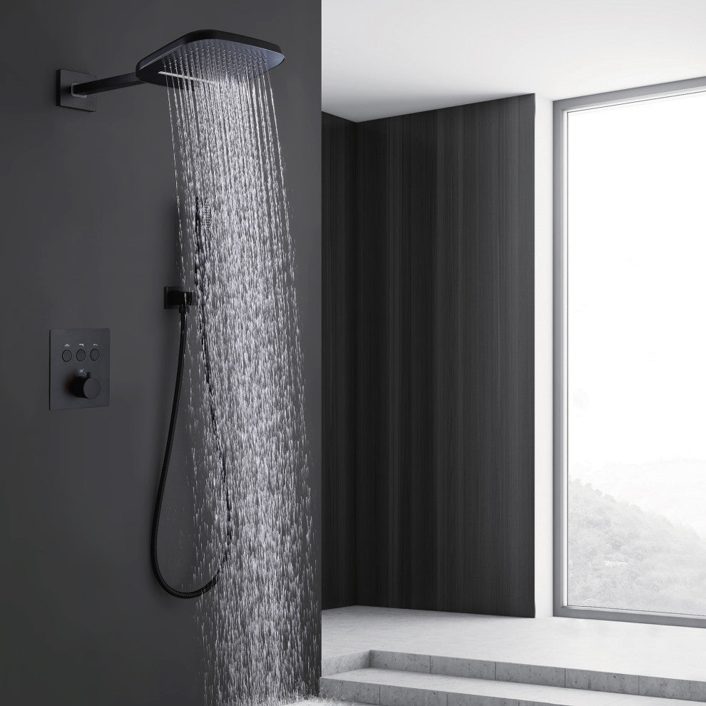 Thermostatic Rain Shower System with Hand Shower-Includes Rough-in Valve, Matte Black