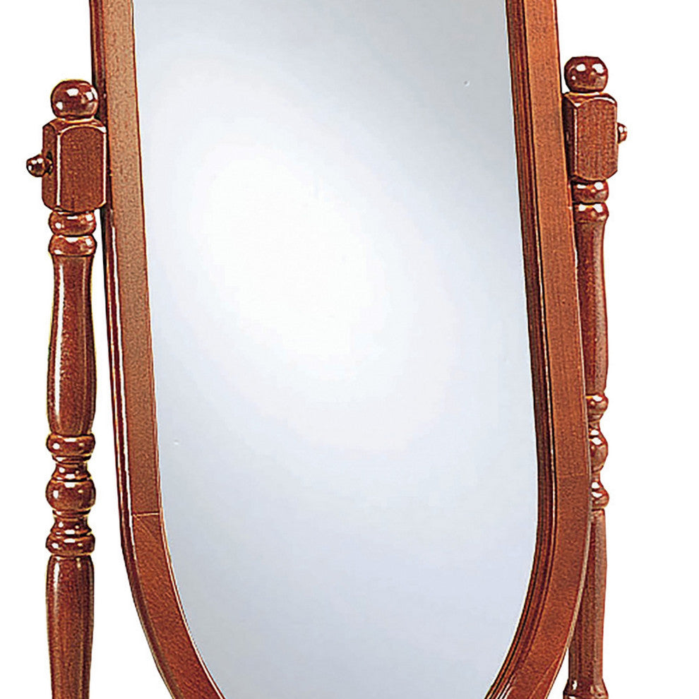 Benzara BM242736 Standing Cheval Mirror With Oval Frame Turned Posts, Brown