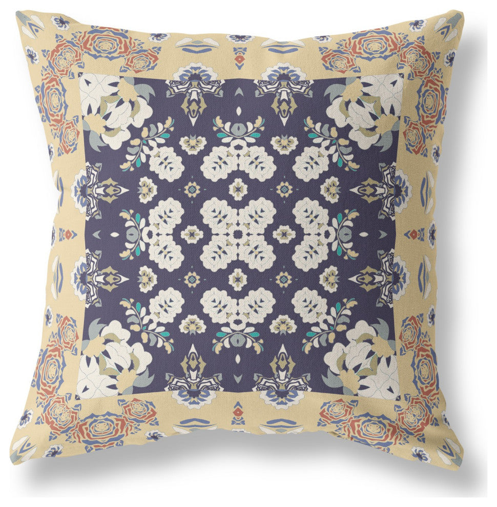 20" Yellow Navy Rose Box Indoor Outdoor Zippered Throw Pillow