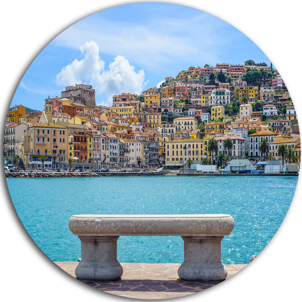 Seafront Bench In Port Santo Stefano, Seashore Disc Metal Wall Art, 23"