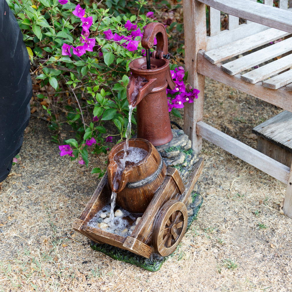 24" Vintage Red Water Pump with Wheelbarrow Fountain- Small
