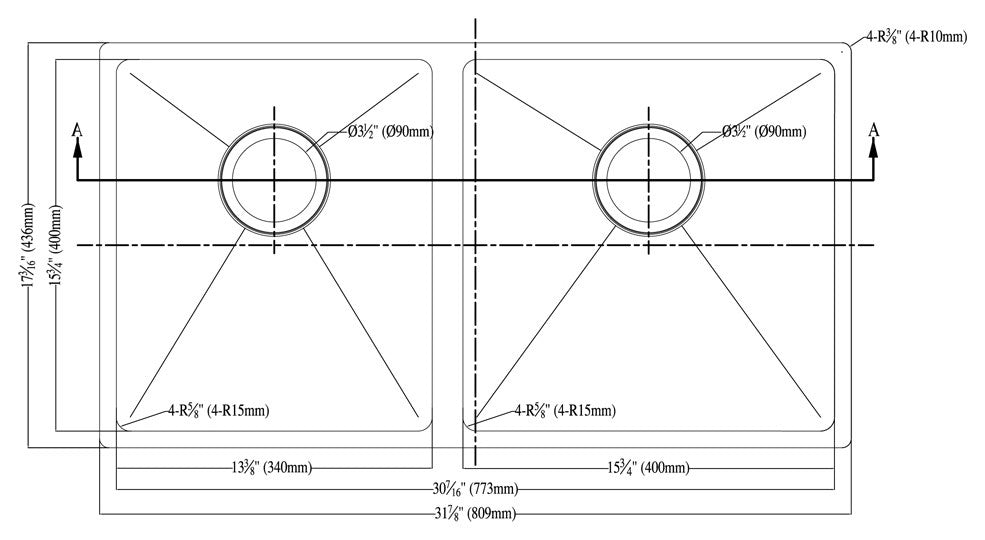 Dawn Undermount Small Corner Radius Double Bowl Sink, Small Bowl on Left