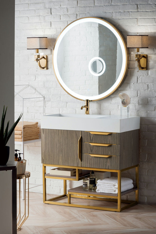 Columbia 36" Single Vanity, Ash Gray, Radiant Gold, Glossy White Top