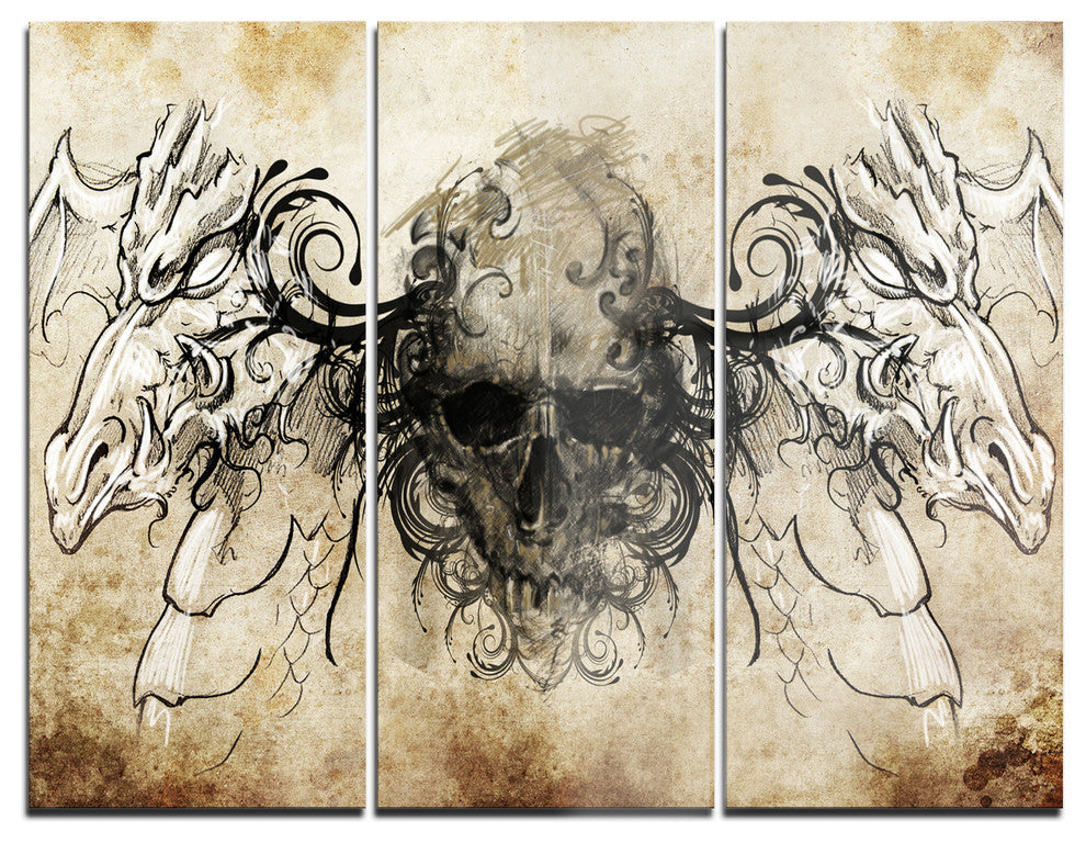 "Skull Tattoo Sketch" Digital Metal Wall Art, 3 Panels, 36"x28"