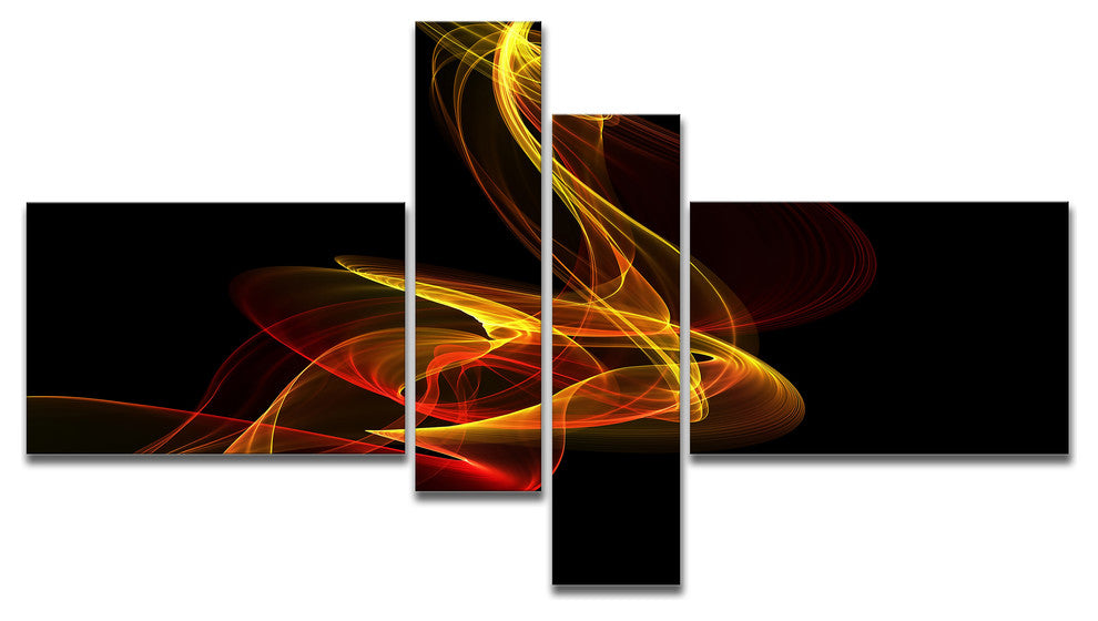 Red Yellow Twisted Waves Fractal, Abstract Canvas Wall Art, 60"x32", 4 panels
