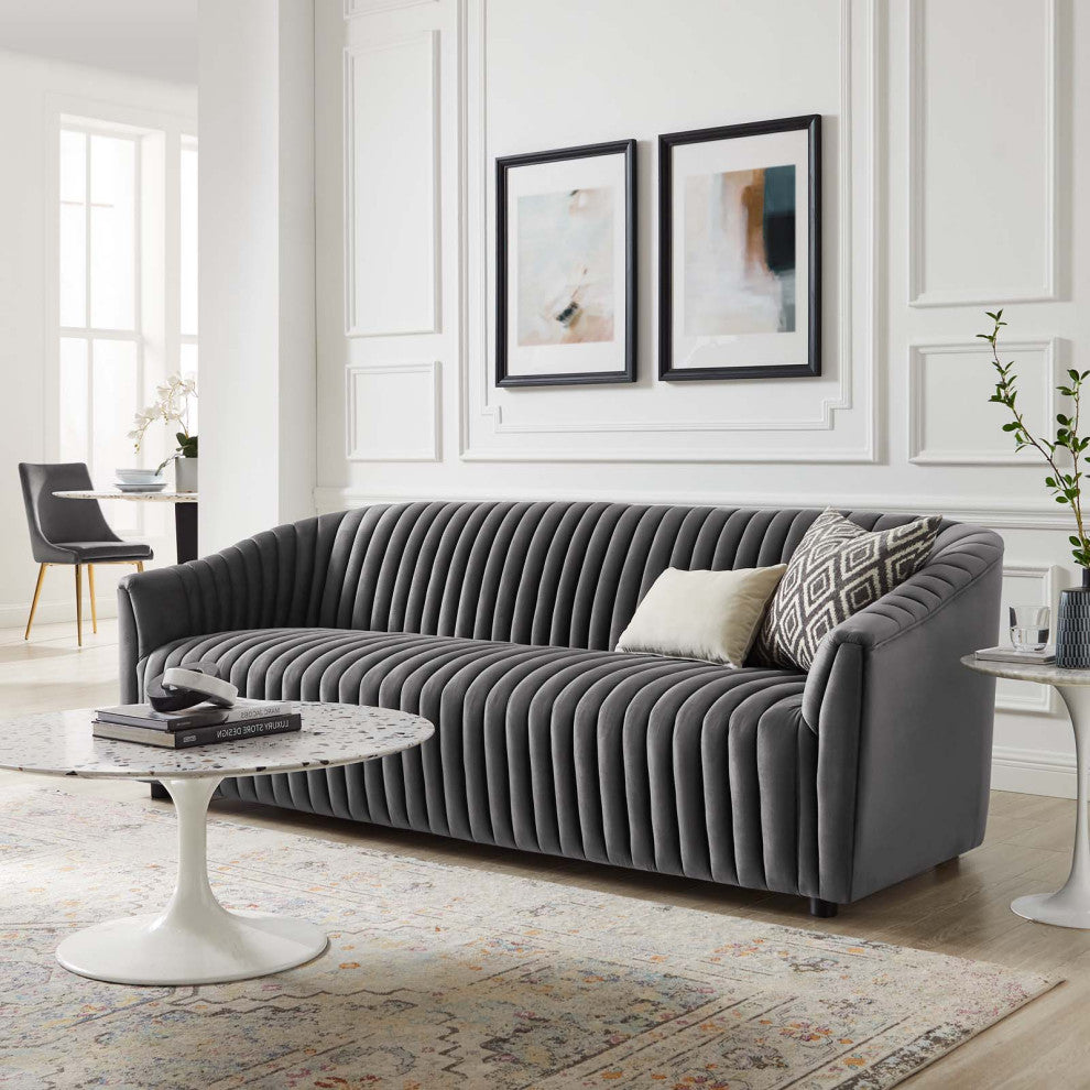 Tufted Sofa, Charcoal Gray, Velvet, Modern, Mid Century Hotel Lounge Cafe