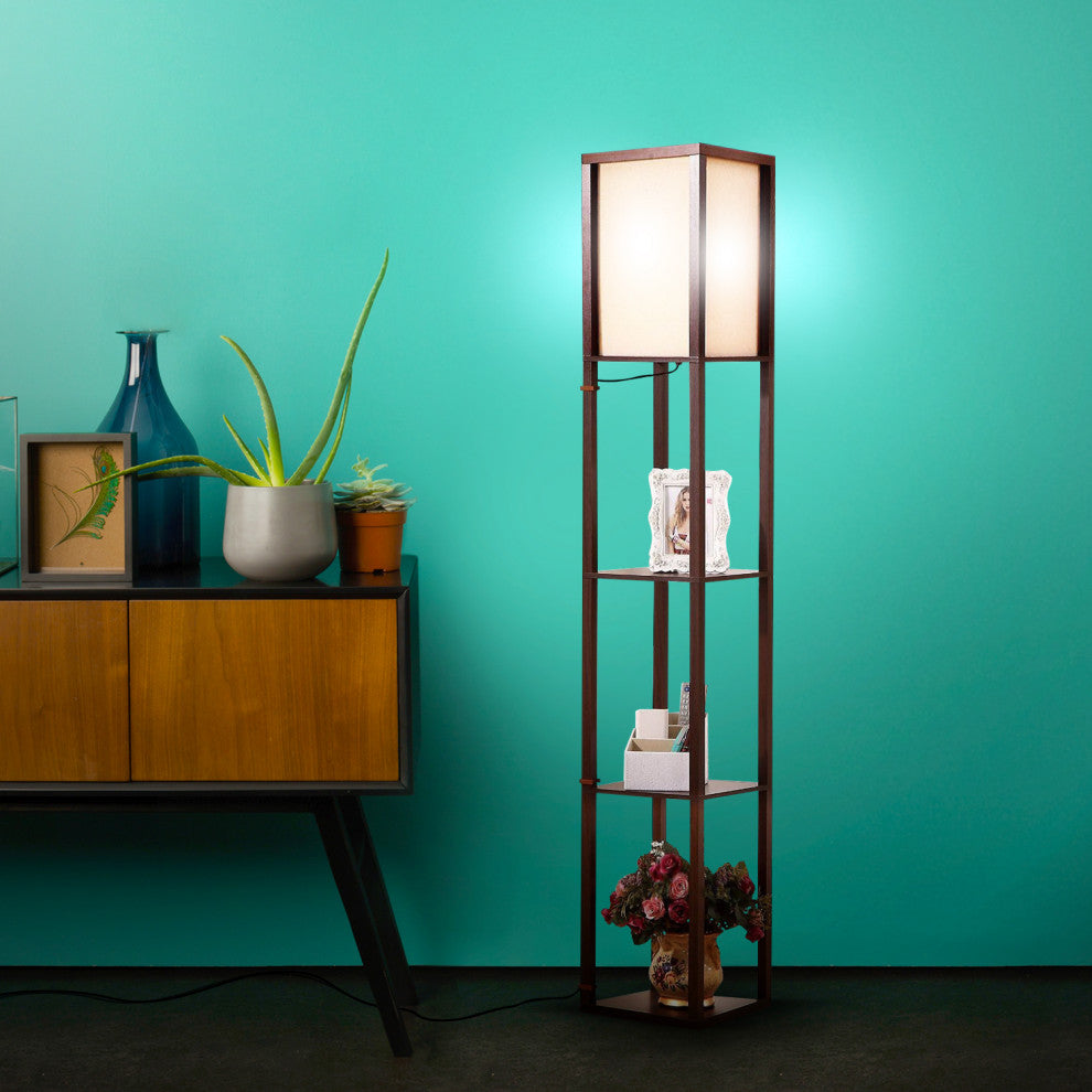 Brightech Maxwell - Modern LED Shelf Floor Lamp - Skinny End Table & Nightstand, Havanah Brown
