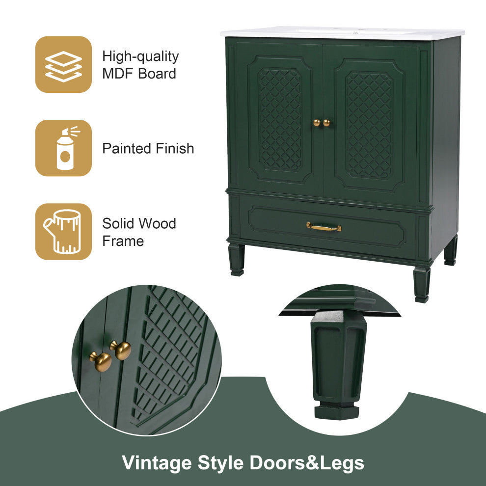 GDF Studio 30" Vintage Vanity With Sink, Drawer & Adjustable Shelf, Dark Green
