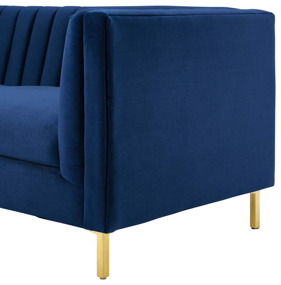 Modern Designer Lounge Lobby Sofa, Velvet Fabric Metal Steel, Navy Blue