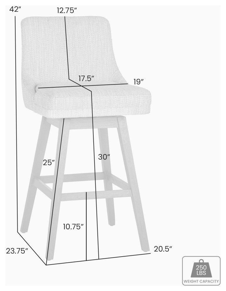 Branson Gray Solid Wood 30" Swivel Barstool, Gray Fabric, Set of 2