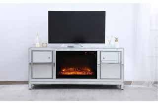 60" Mirrored Tv Stand With Wood Fireplace Insert In Antique Silver