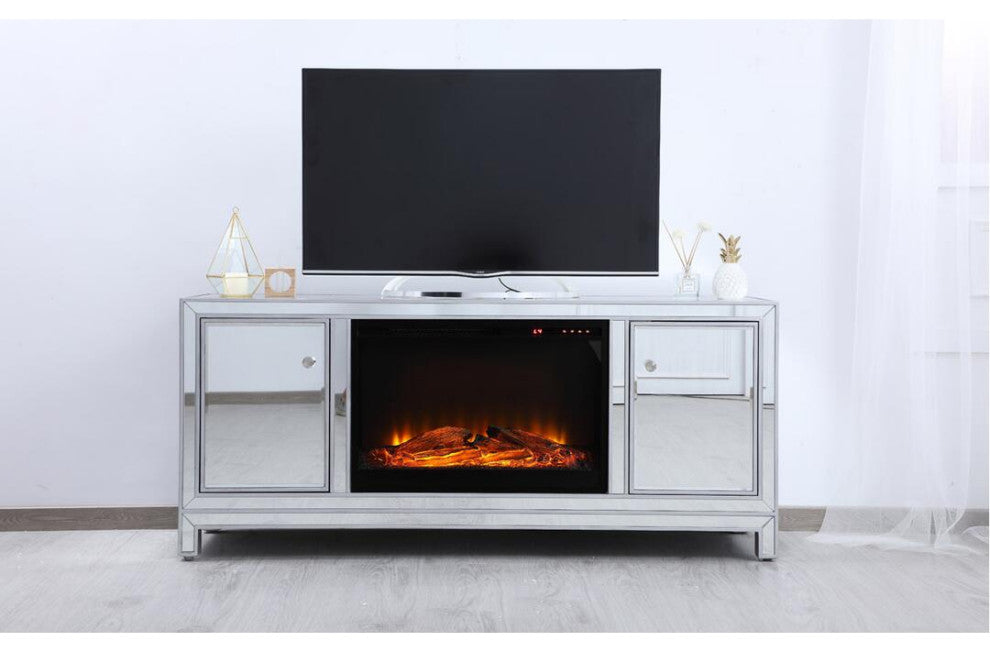 60" Mirrored Tv Stand With Wood Fireplace Insert In Antique Silver