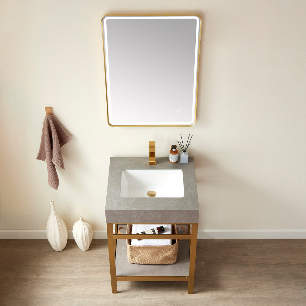 Funes Bath Vanity with Mirror, Brushed Gold Support, 24'', Grey Stone Top