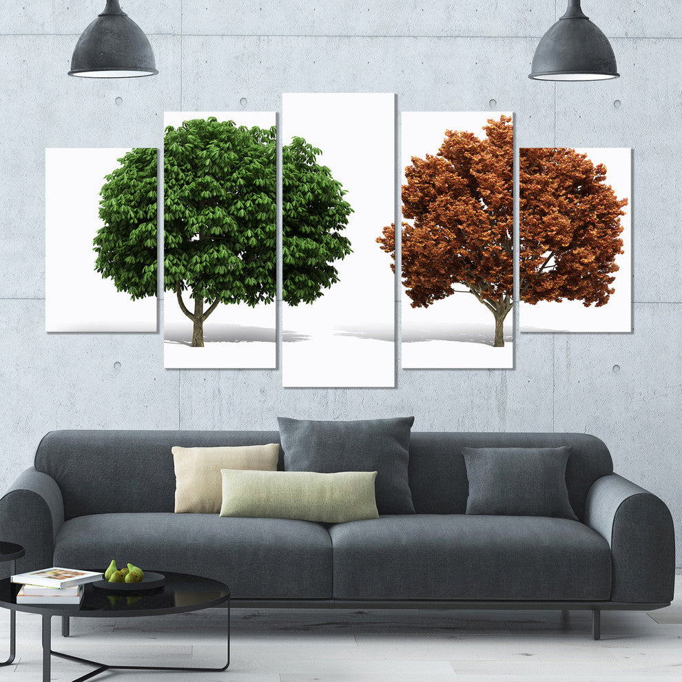 Green and Red 3D Fractal Trees, Contemporary Wall Art Canvas, 60"x32", 5 Panels