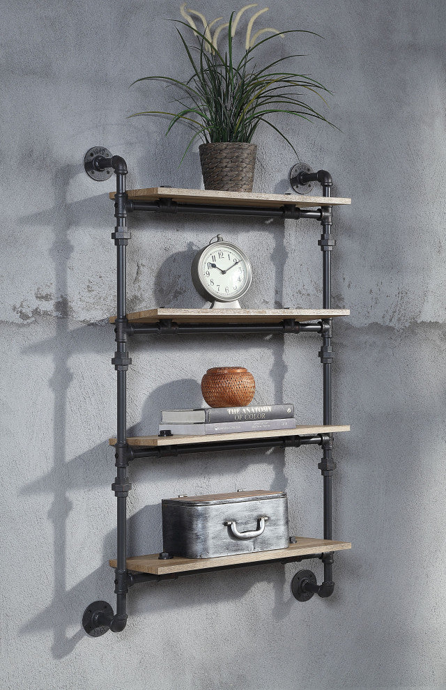 ACME Brantley Wall Rack With 4 Shelves, Oak and Sandy Black Finish