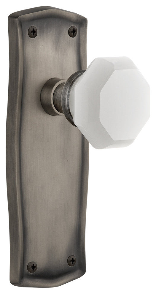 Prairie Plate Privacy Waldorf White Milk Glass Knob, Antique Pewter