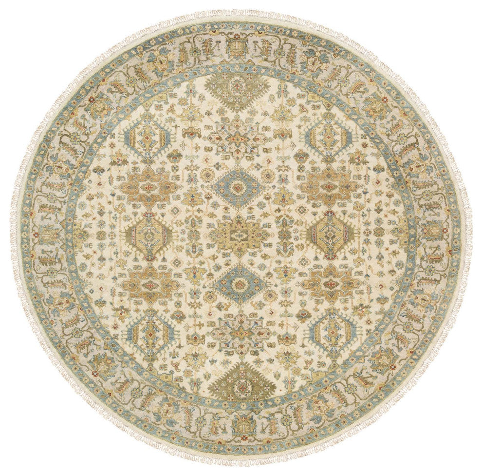 Ivory, Hand Knotted, Karjihooz Design, Wool, Round Rug, 8'10" x 8'10"