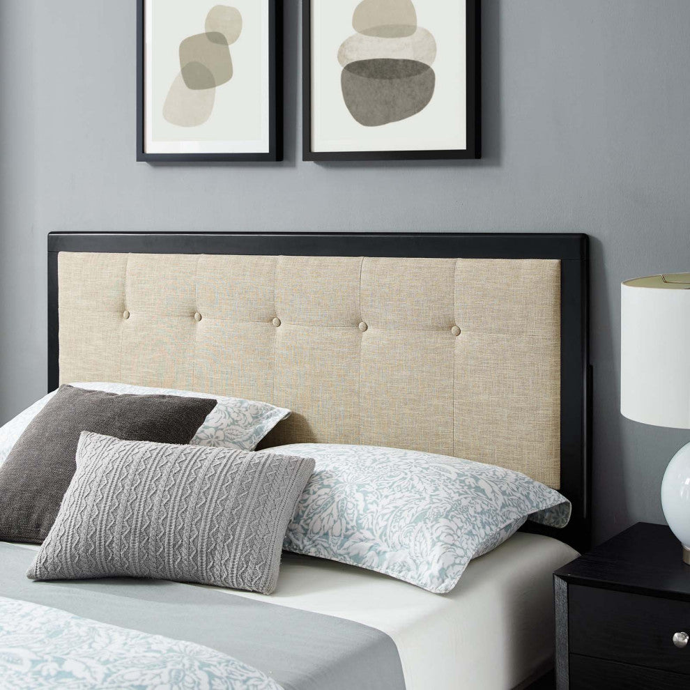 Platform Bed Frame, King Size, Wood, Black Beige, Modern Mid-Century, Bedroom