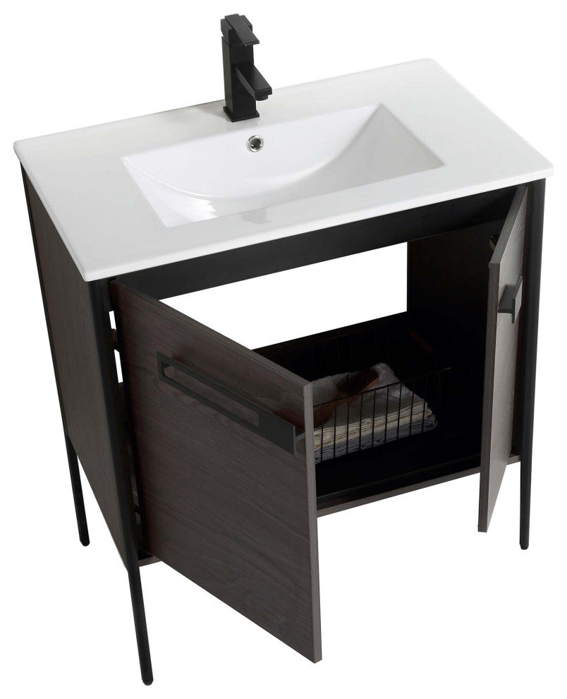 Oakville Bath Vanity, Ceramic Sink, Black Coal Oak, 30 Inch, Black Hardware