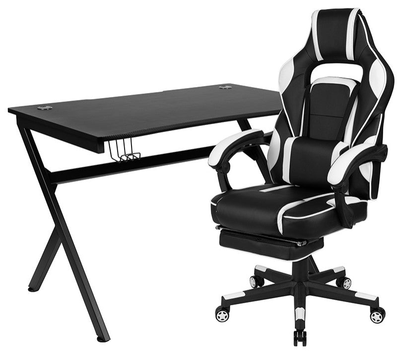 Black Gaming Desk & Reclining Back/Arms Gaming Chair with Footrest, White
