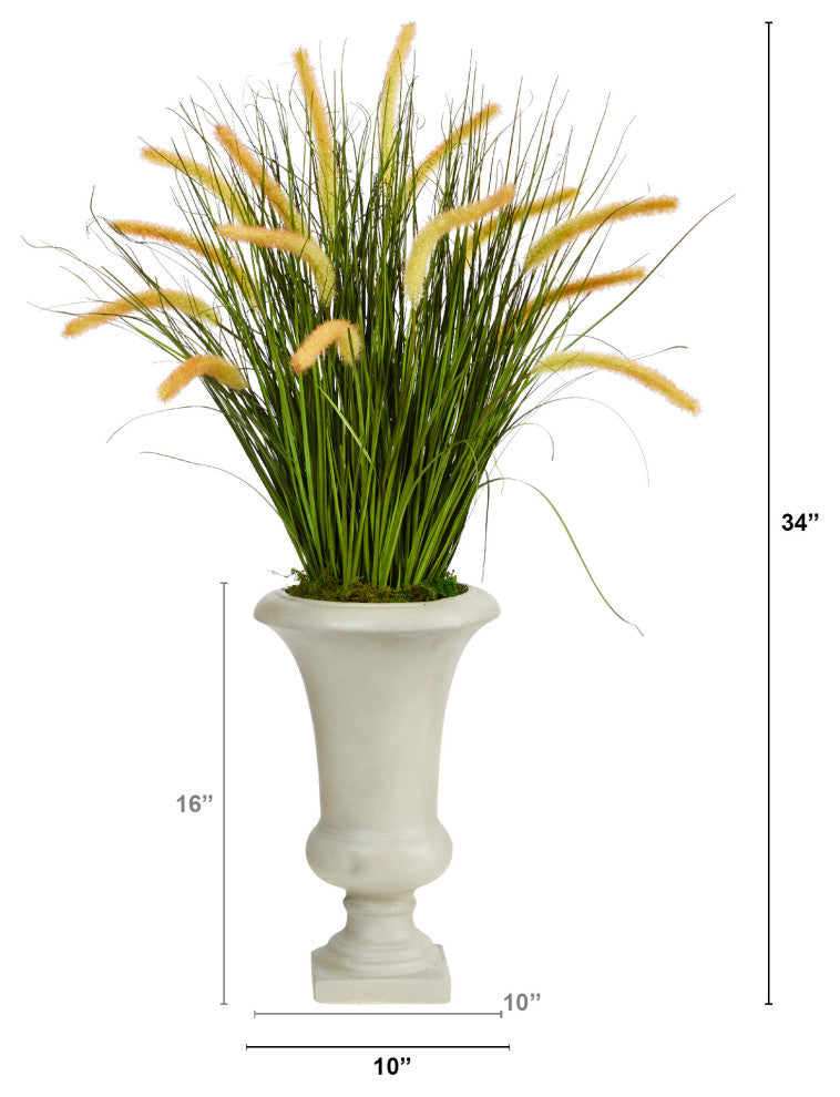34" Onion Grass Artificial Plant, Sand Colored Urn