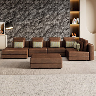 112.7" Modular Sectional Sofa with Chaise Lounge and Ottoman, Brown