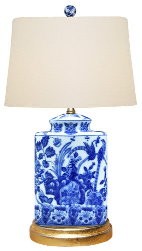 Blue and White Porcelain Caddy Floral Bird Motif Table Lamp, 20"
