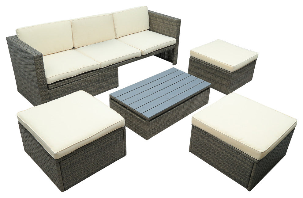 5-Piece Outdoor Wicker Patio Sofa with Ottomans and Lift Top Coffee Table, Gray