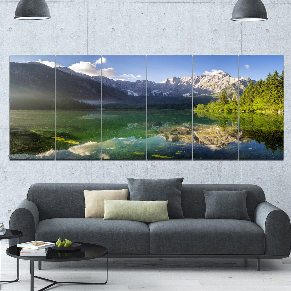 Green Mountain Lake in the Alps, Landscape Canvas Art Print, 70"x28", 6 Panels