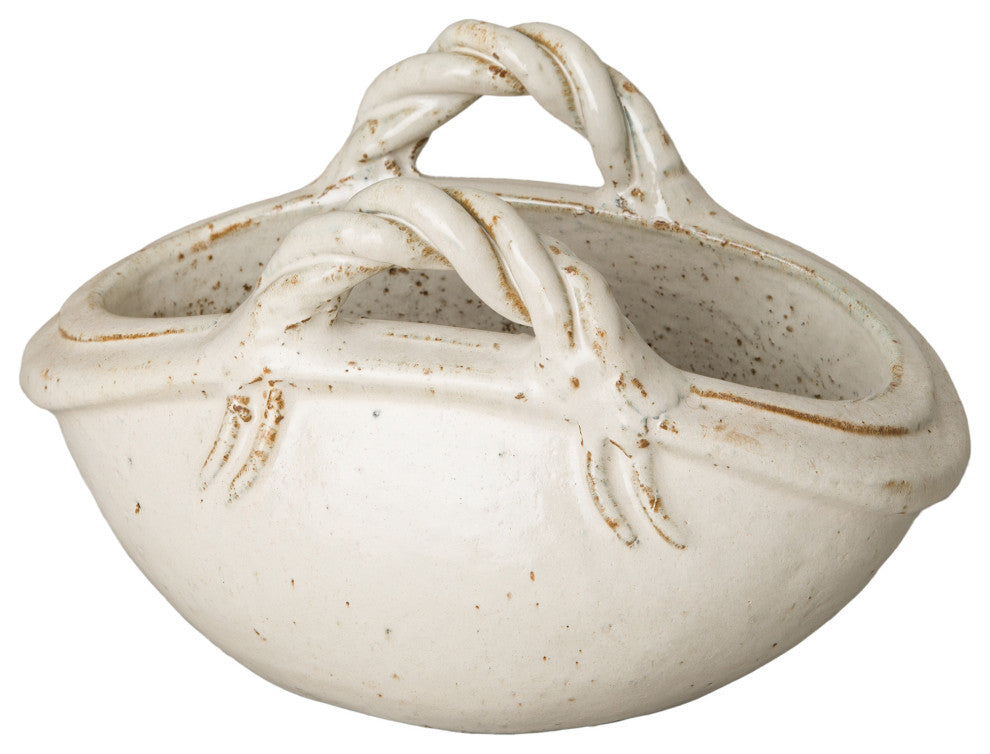 8.5" Two Handle Basket, White Glaze