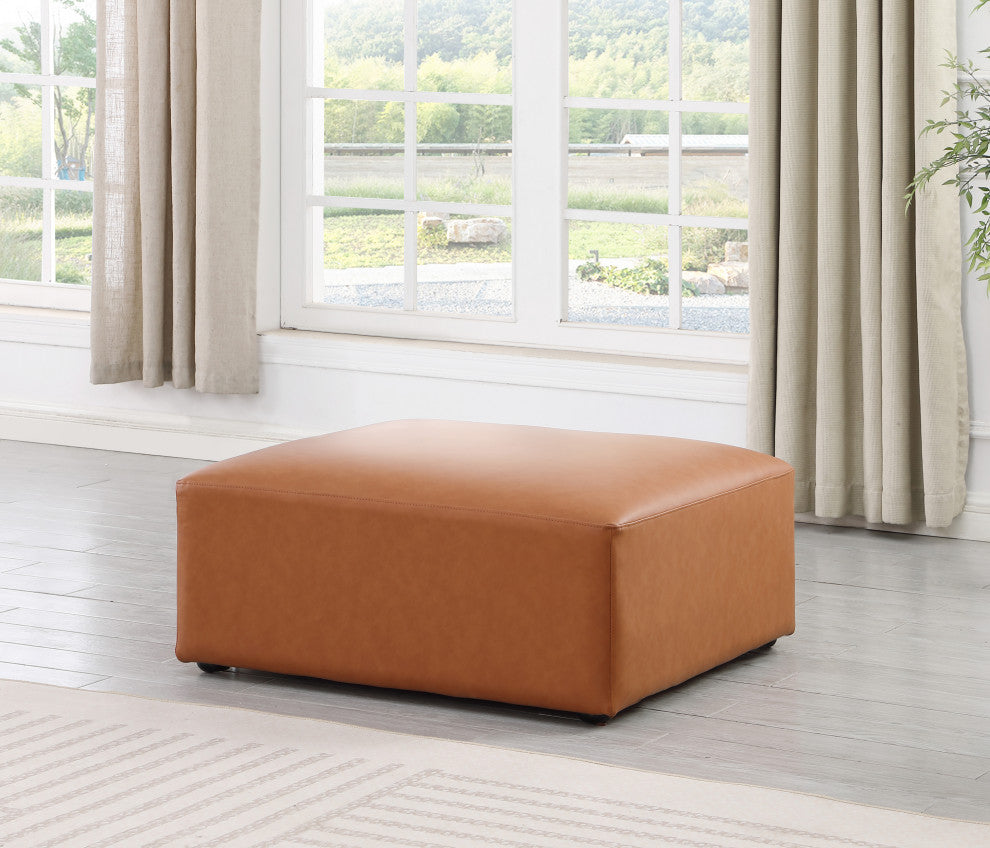 Cube Upholstered Modular Component, Cognac, Vegan Leather, Ottoman