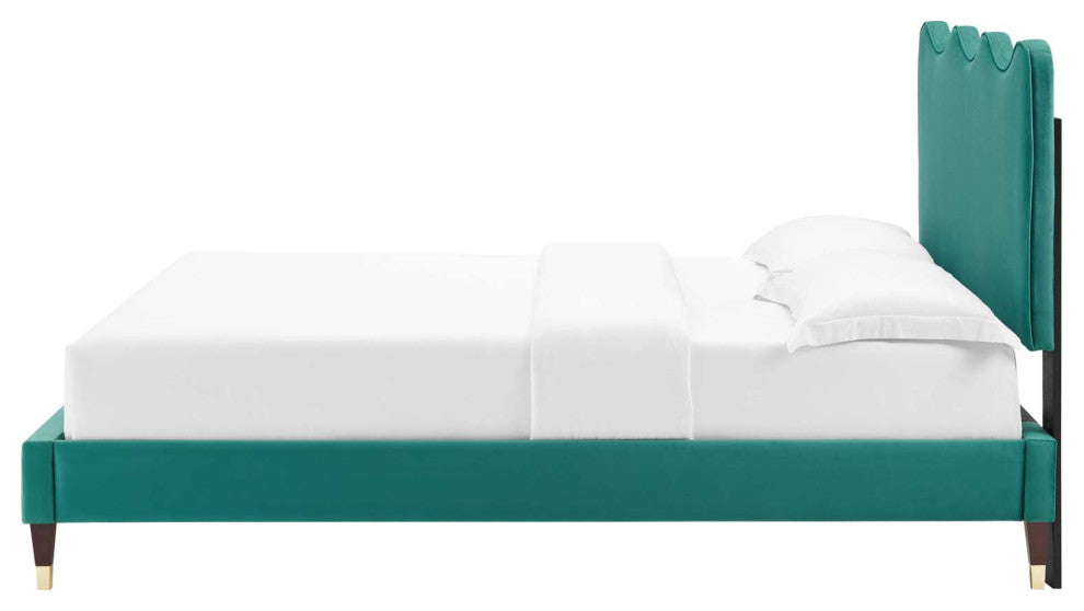 Platform Bed Frame, King Size, Teal Blue, Velvet, Modern, Bedroom Guest Suite