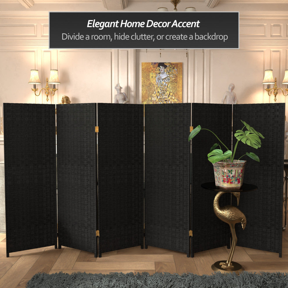 4' Tall Woven Fiber Room Divider, Black, 6 Panel