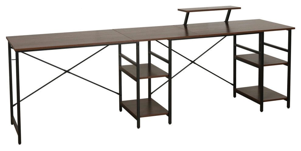 Techni Mobili L-Shape Industrial Desk with storage shelves, Walnut