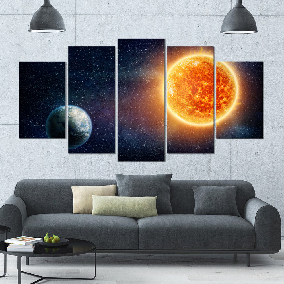 Planet Earth and Sun, Landscape Canvas Art Print, 60"x32", 5 Panels