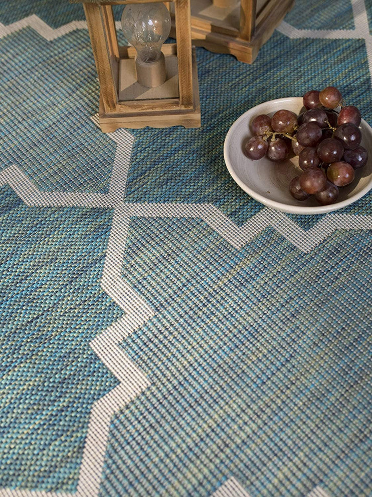 Outdoor Collection Trellis Diamond Rug Geometric Rug, Ocean, 7'10"x10'
