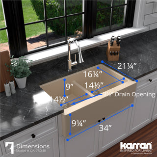 Karran Farmhouse Apron Front Quartz 34" Double Bowl Kitchen Sink, Bisque
