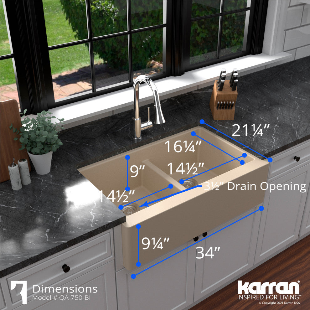 Karran Farmhouse Apron Front Quartz 34" Double Bowl Kitchen Sink, Bisque