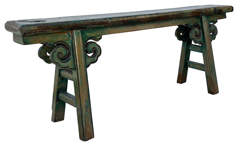 Distressed Brown Green Blue Village Slim Narrow Scroll Apron Wood Bench