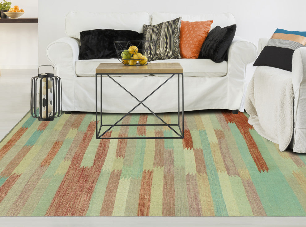 Sun Faded Flatweave Jaan Blue/Rust Rug, 6'5 x 9'8