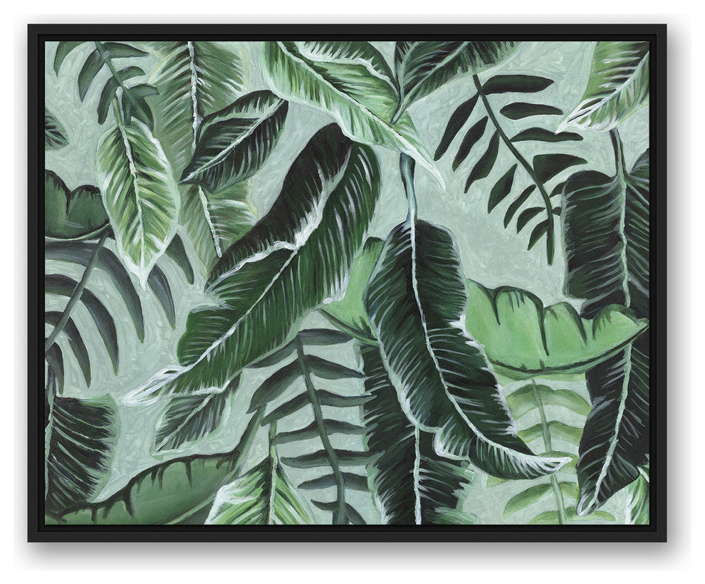 Green Shades Tropical Palm Leaves 24x30 Black Floating Framed Canvas