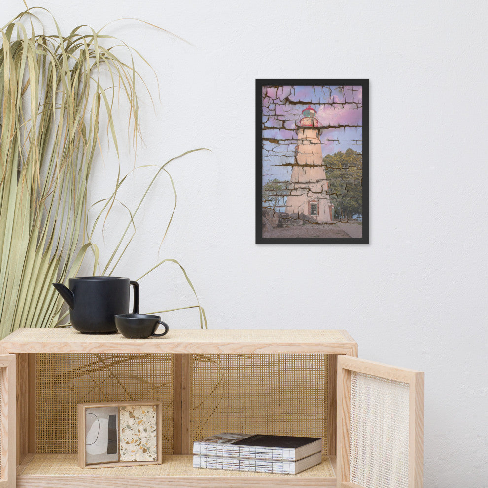 Faux Wood Texture Marblehead Lighthouse at Sunset Framed Photo Wall Art Print, Black, 12" X 18"