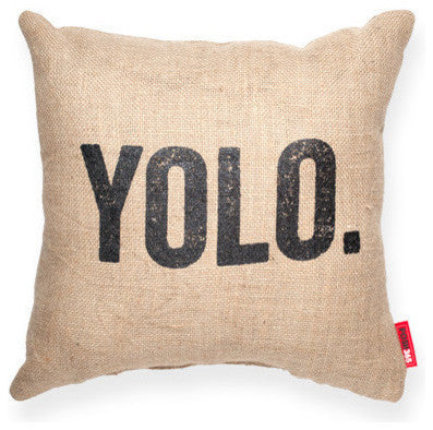 "YOLO" Decorative Throw Pillow in Brown Burlap