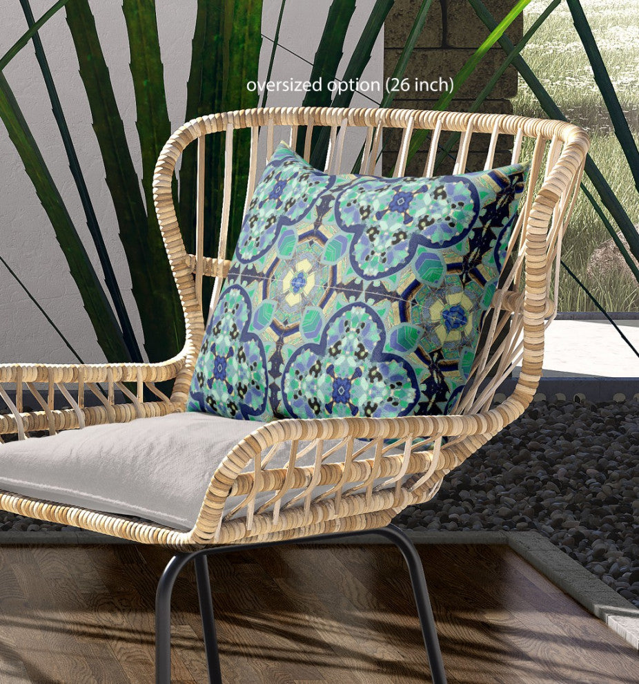 18" Aqua Indigo Cloverleaf Indoor Outdoor Throw Pillow
