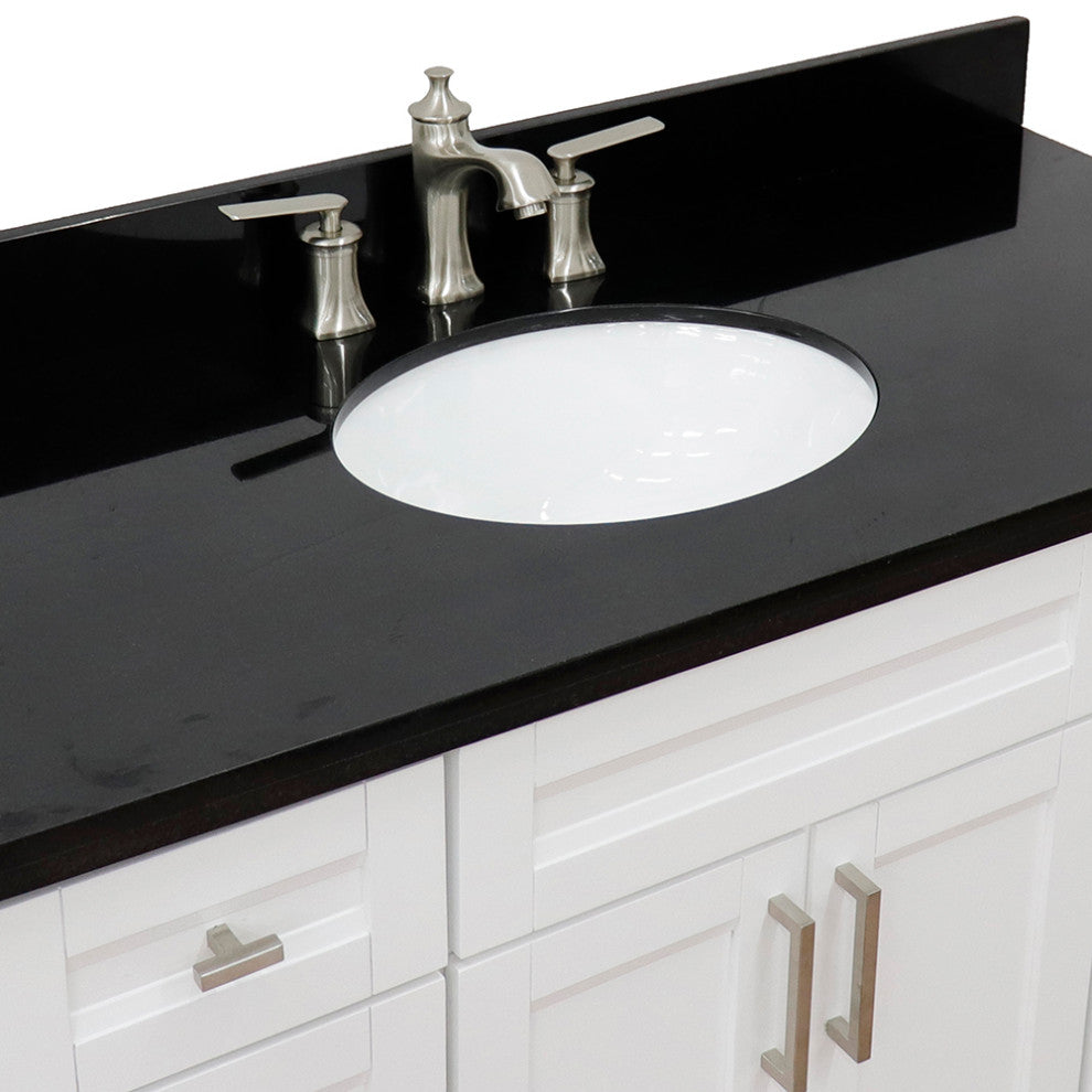 49" Single Sink Vanity, White Finish With Black Galaxy Granite And Oval Sink
